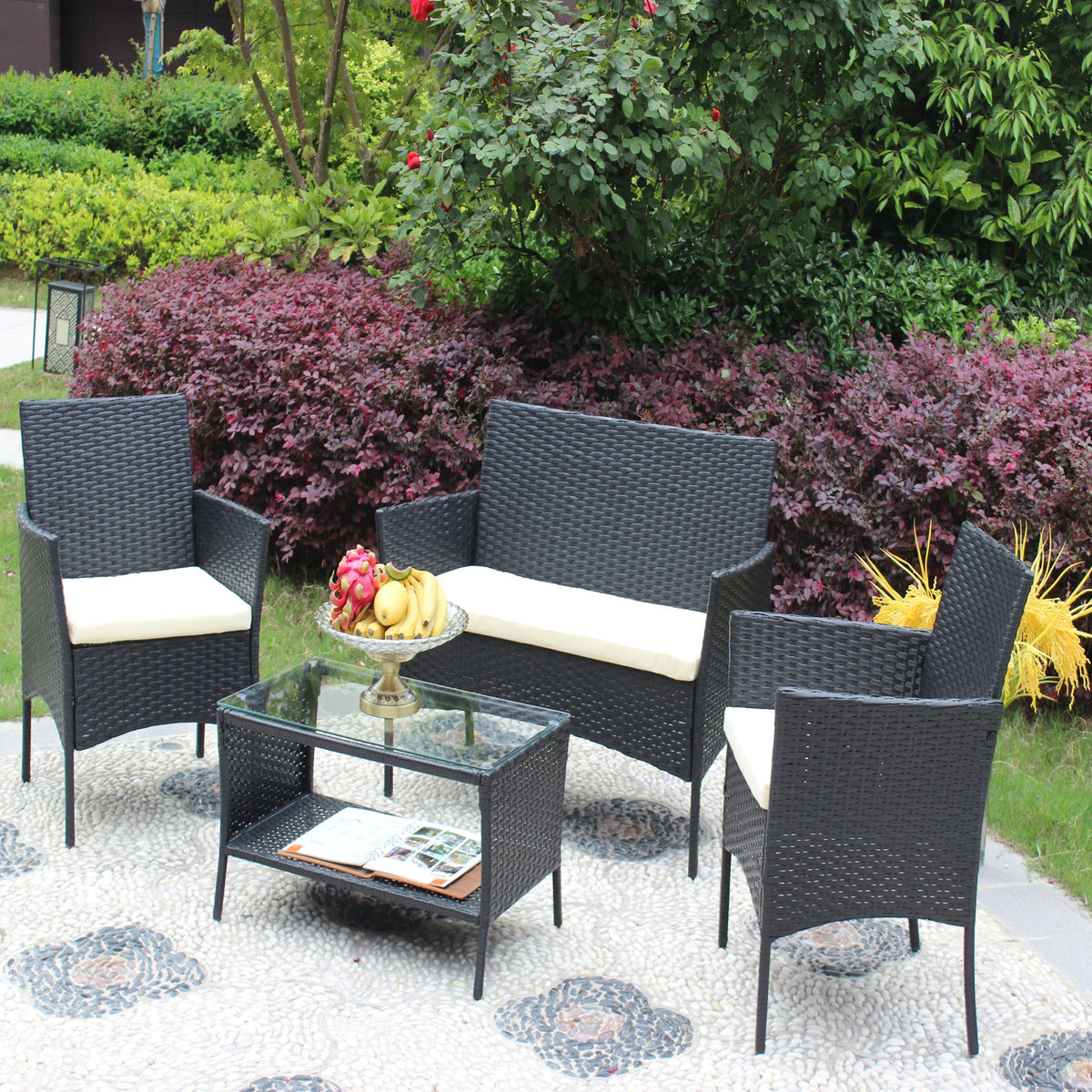 4 PC Rattan Patio Furniture Set Outdoor Cushioned Wicker Sofa
