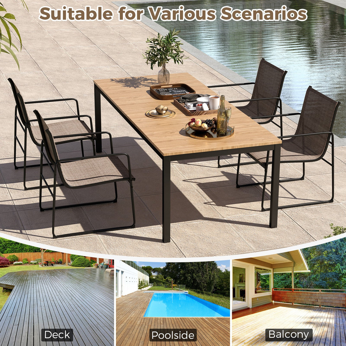 Outdoor Set of 4 Patio Furniture Dining Chairs with Breathable Seat and Backrest-Brown
