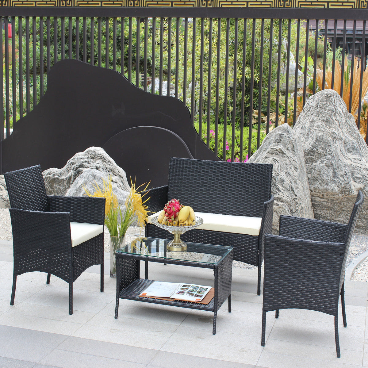 4 PC Rattan Patio Furniture Set Outdoor Cushioned Wicker Sofa